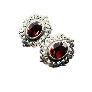 Boma Sterling Silver Bezel Faceted Oval Garnet Filigree Scroll Stud Earrings